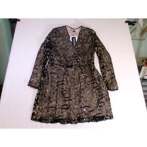 Boohoo Womens Sequin Wrap Mini Dress Black Gold Long Sleeve V-Neck Size 16 NEW